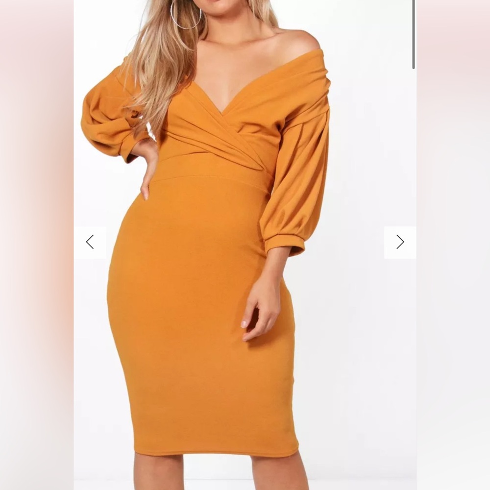 Plus Off The Shoulder Wrap Midi Dress. Sahara Red color
